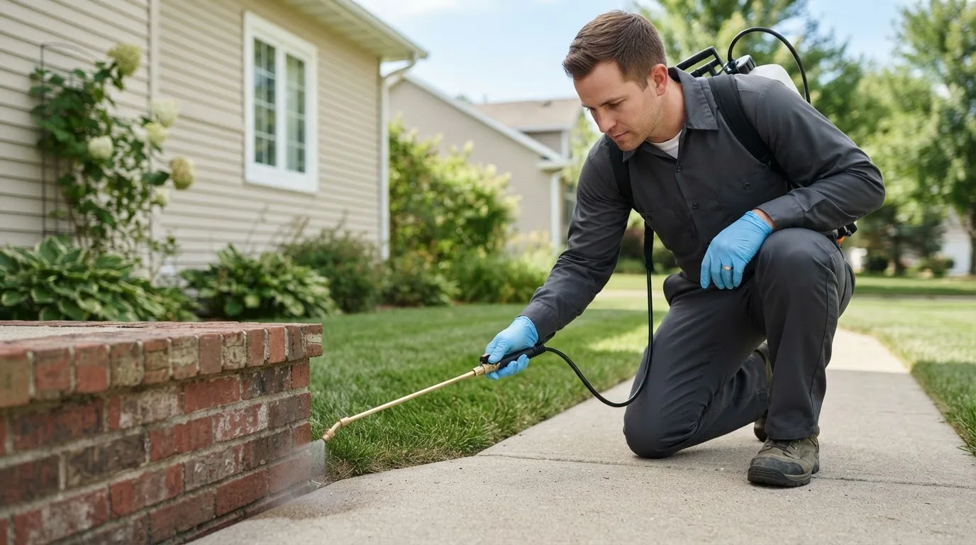 Pest control technician treating a home near Eldridge, MO