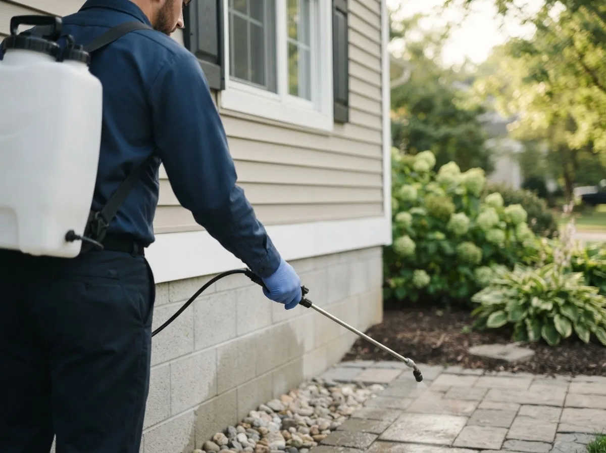 Pest control technician inspecting a home in Eldridge, MO